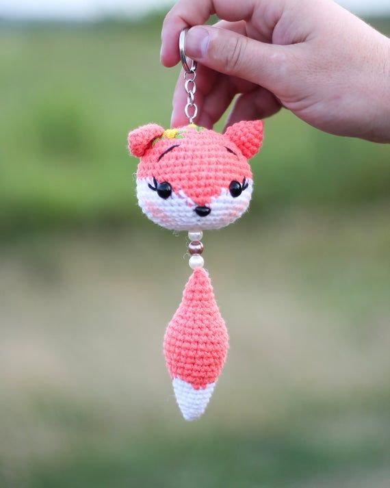 Crochet Keychain fox with big tail Keychain amigurumi animal Keyring on the bag, keys Car suspension Knitted souvenir easter gift
