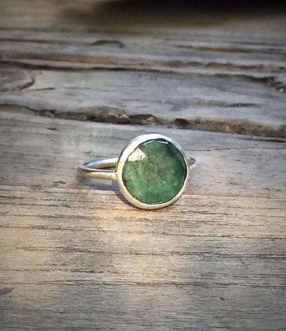 May Birthstone Ring Green Raw Emerald Ring Silver Stacking Ring Gemstone Ring Prong Set Ring Silver Ring Unshaped Emerald Ring