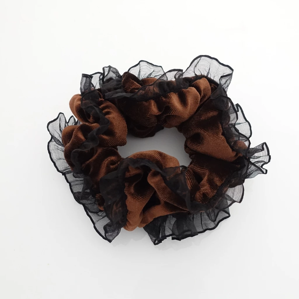 mesh trim decorated velvet scrunchies organdy fabric pretty hair scrunchie #hairscrunchie
