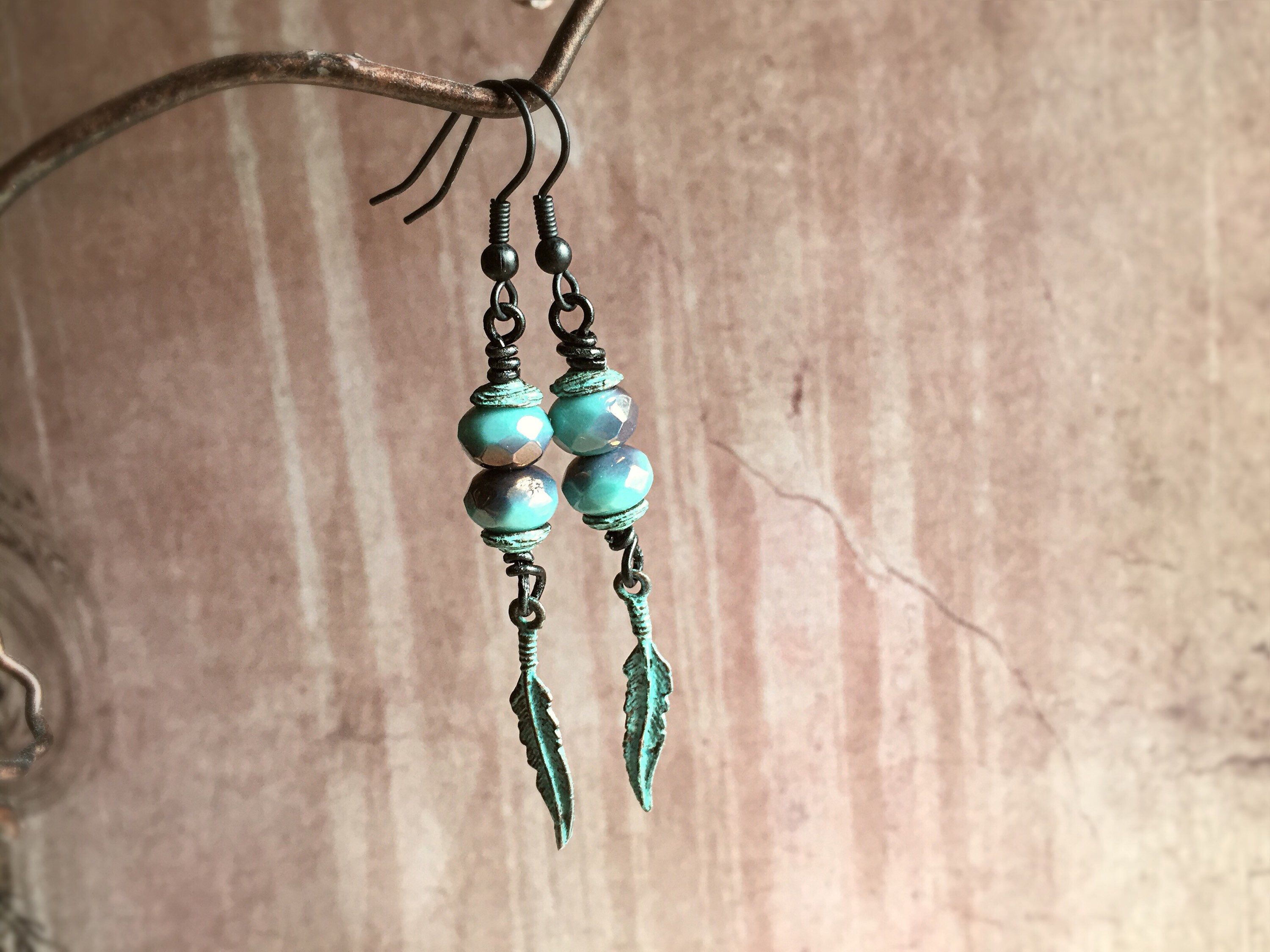 Blue Patina Dangle Earrings Greek Bead Earrings Boho Patina Dangles Bohemian Copper Earrings Boho Patina Earrings