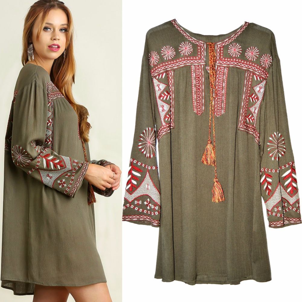UMGEE Floral Embroidered Tassel Detail Boho Dress USA Boutique