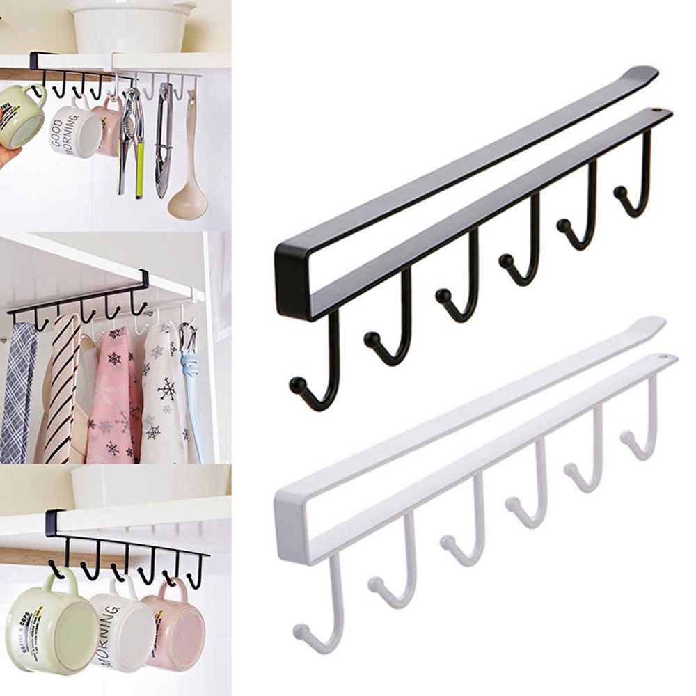6 Hooks Cup Holder Hang Kitchen Cabinet Under Shelf Storage Rack Organizer Top
