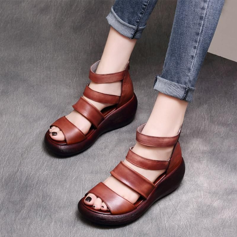 Vintage Leather Summer Wedge Sandals Sandalet Ayakkabilar Terli K