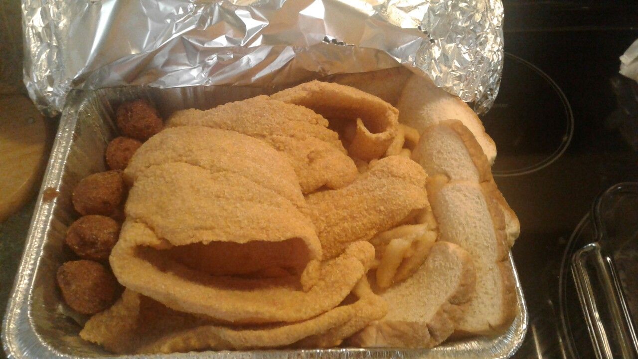 "SHARKS" : fish, hush puppies, bread, and fries! | Food, Desserts, Fries