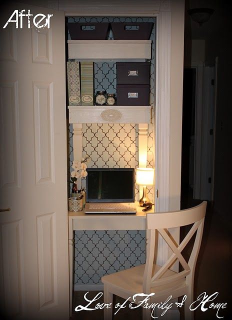 Inspiration File Beautiful Closet Turned Office Cloffice Small Create An Office Nook Out Of A Small Coat Closet She Re Purposed Her Old Kitchen Table For Desk And Shelves