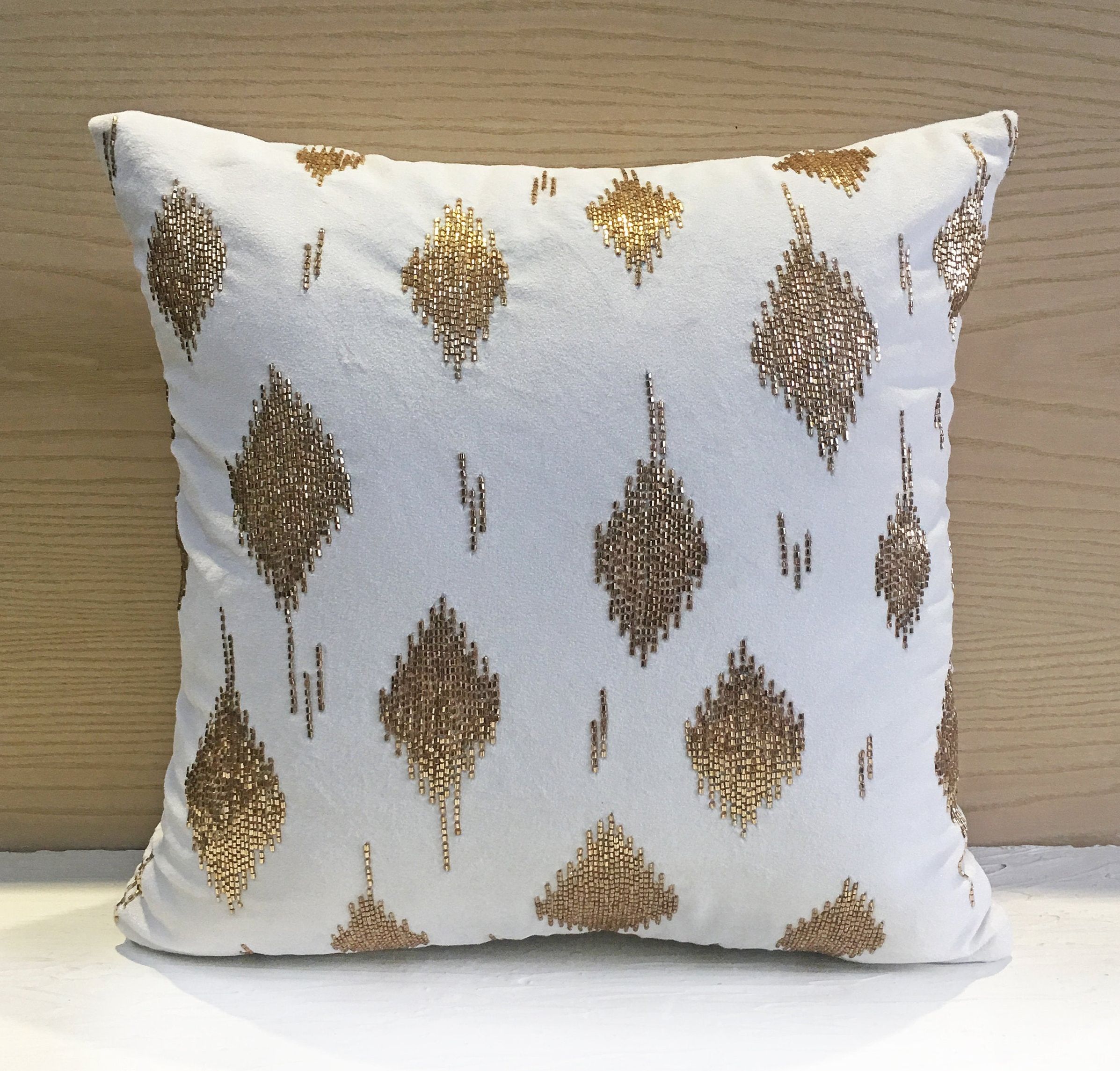Gold Beaded Throw Cushion Cover Luxury Contemporary Modern Toss Pillow Hand Embroidered Embellished Custom Accent Personalised