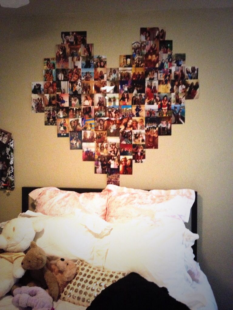 Heart shaped photo wall collage Red couch living room ideas