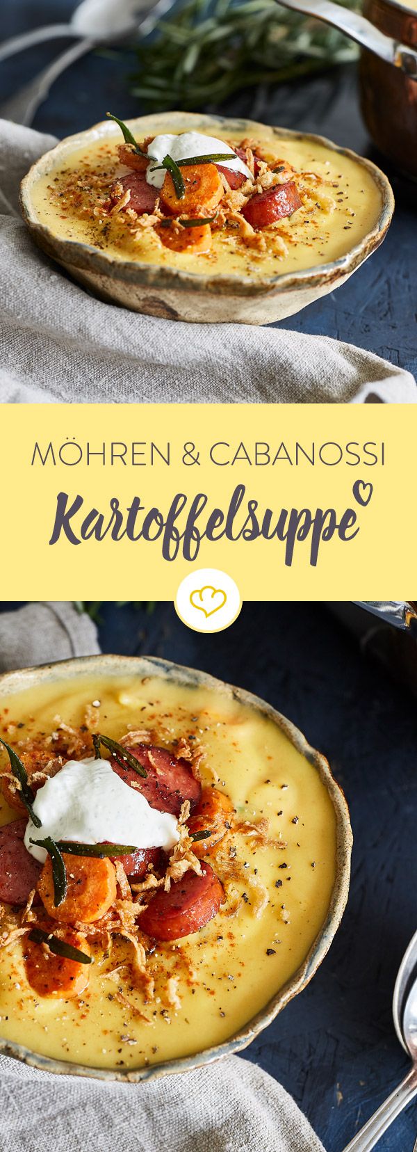 Kartoffel-Möhren-Suppe mit Cabanossi und Röstzwiebeln #howtofryonions