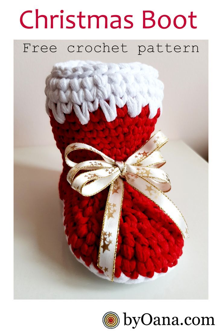 Crochet Christmas boot, free pattern for making this nice decoration for winter holidays. Crochet Santa, Christmas Crochet Patterns, Crochet Christmas, Crochet Bun Hat, Crochet Boots, Christmas Boots, Easy Crochet Stitches, Handmade Boot, Ribbon Yarn