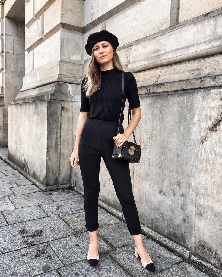 French Girl wearing all black outfit and Chanel ballerinas