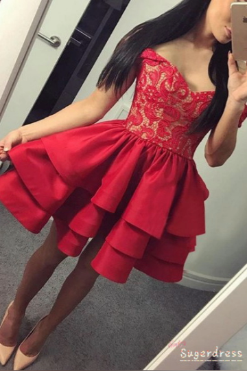 Layered Off Shoulder Red Homecoming Dress