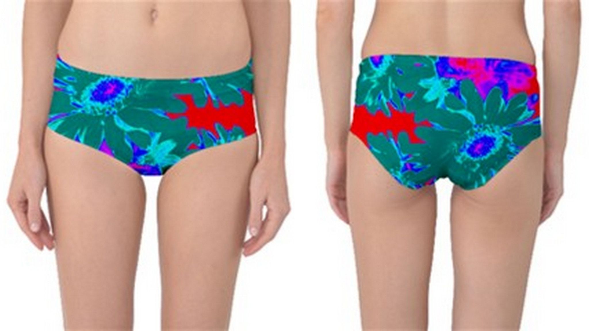 Suga Lane Floral Deviant Green Red Mid Waist Bikini Swim Bottom