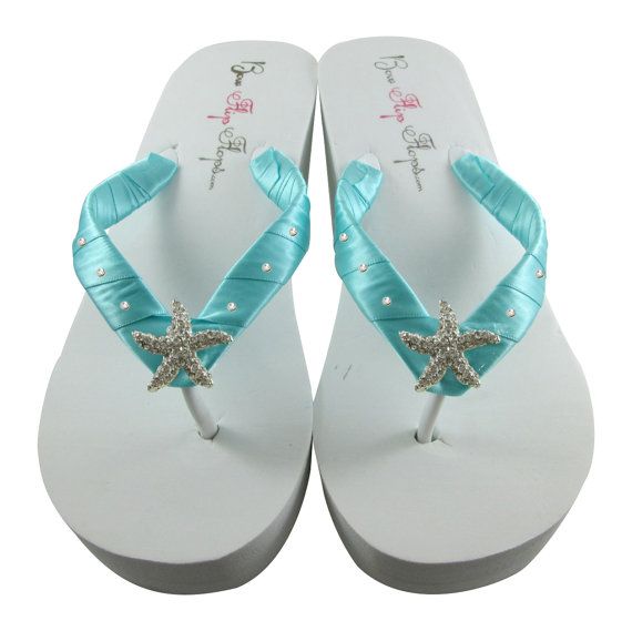 Robins Egg Blue Starfish Bling Bride Flip Flops In Wedge Ivory White Any Colors Robins Egg Blue Starfish Bling Bride Flip Flops In Wedge Ivory White Any Colors