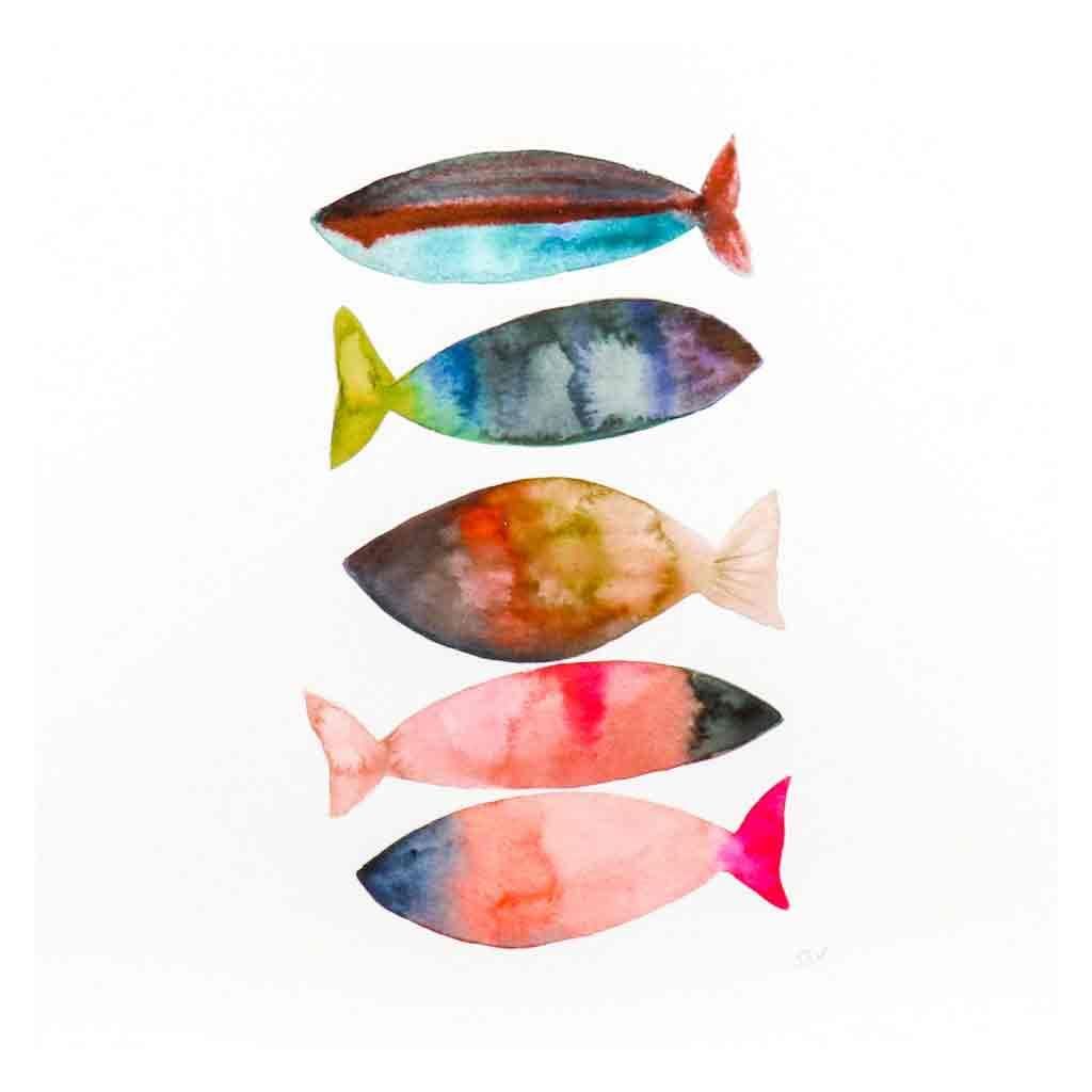 Fish Stack Art Print | Abstract Fish Framed Prints | Unique Wall Decor | Artwork for Bathroom Nursery or Kitchen | Snoogs & Wilde | 12x12 or 11x14 inch Watercolor Fish, Watercolor Art Lessons, Watercolor Art Prints, Watercolor Cards, Original Watercolor Painting, Original Watercolors, Art Painting, Watercolour, Watercolor Nursery