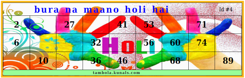 Holi Colorful Hands with Numbers Theme Tambola Housie Tickets | Holi