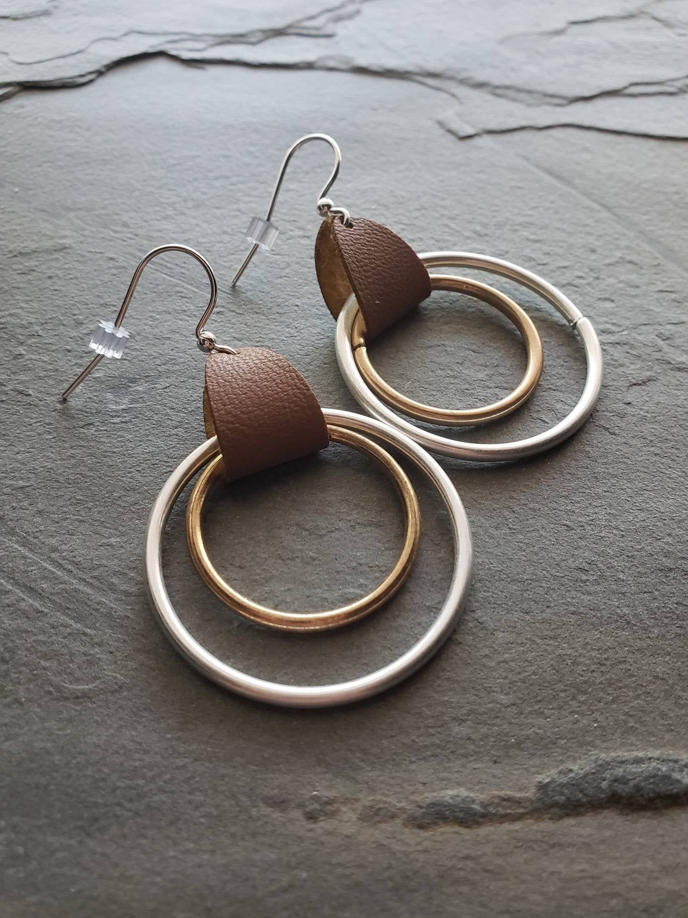 Leather double hoop statement earrings, bronze silver and leather ...