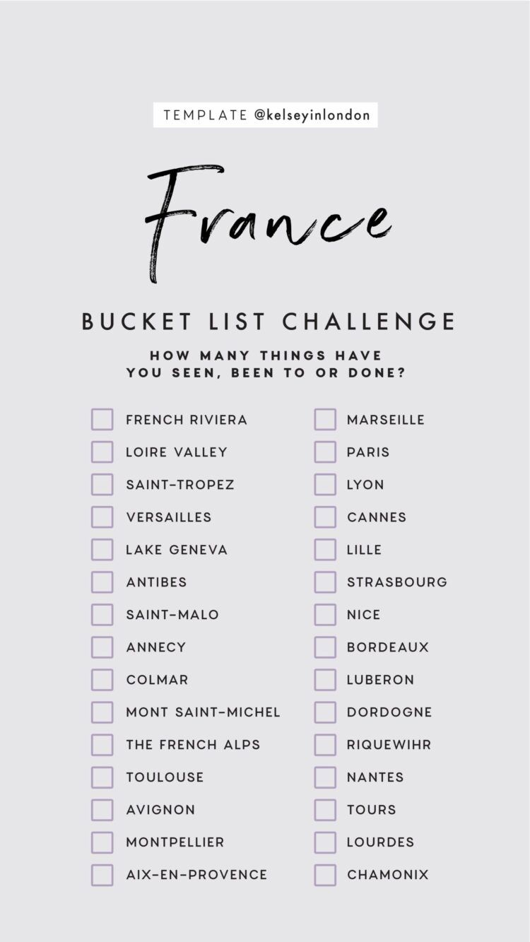 Top things to do in France Bucket list Instagram Story Template kelseyinlondon Kelsey Heinrichs What to do in France Where to go in France top places in France New Travel, Travel Goals, Travel Inspo, Travel Inspiration, Wanderlust Travel, Travel Diary, Travel Food, Solo Travel, Vegan Travel