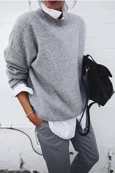 Fashion Round Neck Pure Colour Loose Sweater #shadesofwhite