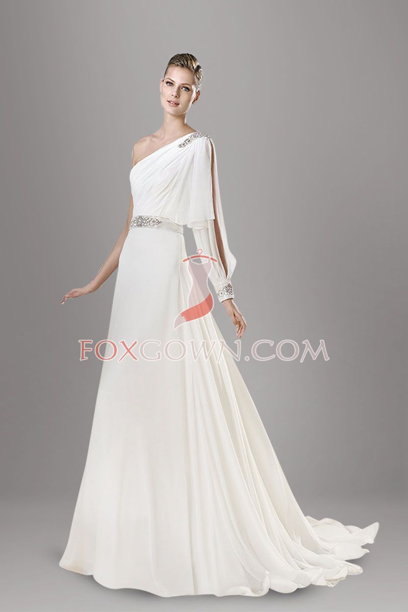 Vintage One Shoulder Split Sleeve A Line Chapel Train Chiffon Vintage One Shoulder Split Sleeve A Line Chapel Train Chiffon Wedding Dress