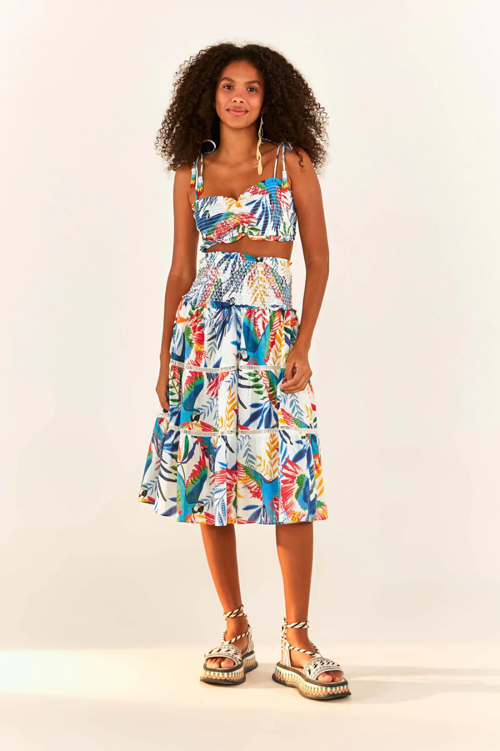 Macaw Wind Smocked Midi Skirt – FARM Rio Halter Dress, Sleeveless Dress, Tropical Top, Pretty Much, Macaw, Summer Looks, Lace Detail, Smocking, Waistline