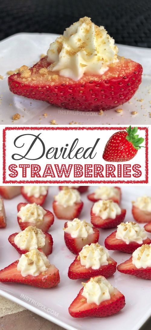 OMG!! Made with a sweet cream cheese filling! - The BEST finger food, sweet snack and party idea for a crowd! This quick, easy and fun appetizer idea is also perfect for Valentine's Day! Kids and adults love them. | Deviled Strawberries Recipe #instrupix #partyfood #strawberries #cheesecake #creamcheese #valentinesday #dessert #sweettooth Easy Desserts, Delicious Desserts, Yummy Food, Fun Food, Healthy Food, Sweet Desserts, Healthy Party Foods, Healthy Finger Foods, Easy Sweets