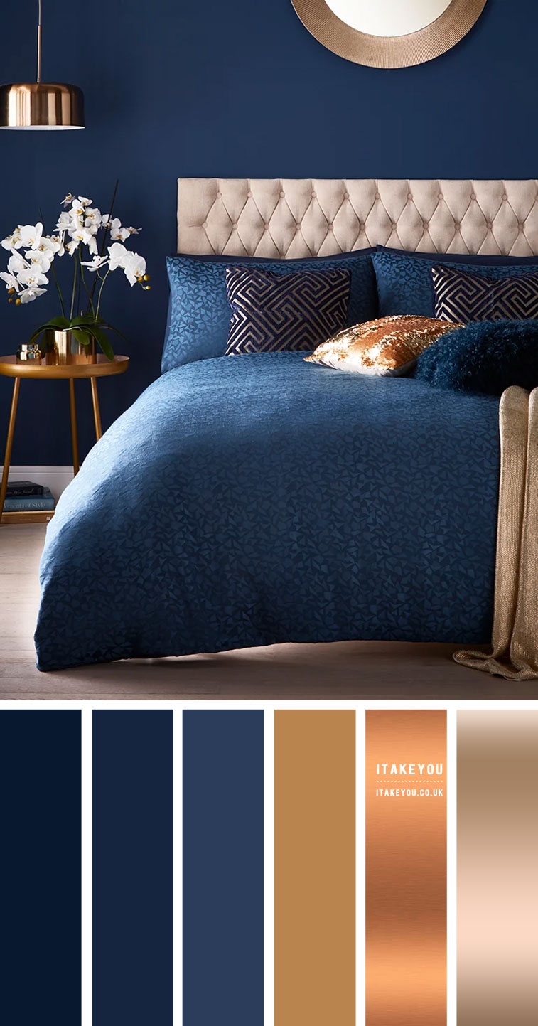 Navy Blue Bedroom with Copper, Gold and Tan accent Colours Blue And Gold Bedroom, Dark Blue Bedrooms, Blue Master Bedroom, Navy Bedrooms, Blue Bedroom Decor, Home Bedroom, Bedroom Interior, Navy Copper Bedroom, Dark Bedroom