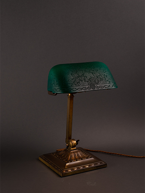 Early 20th Century Desk Lamp With Decorative Green Glass Shade Retro Early 20th Century Desk Lamp With, Antique Green Glass Desk Lamp