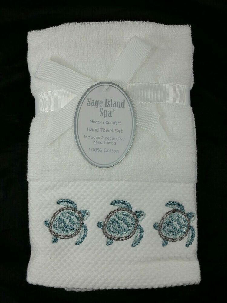 Finger Tip Towels Blue Starfish Embroidered Bathroom Summer Beach House Set of 2