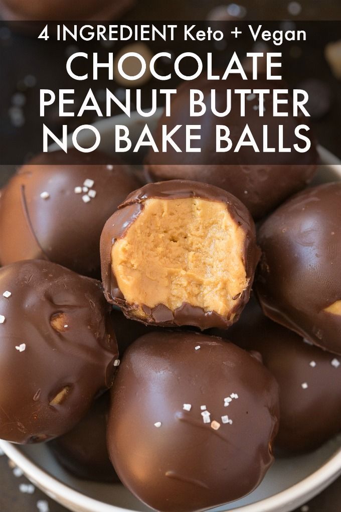 An easy recipe for no bake chocolate peanut butter keto balls made with 4 ingred...