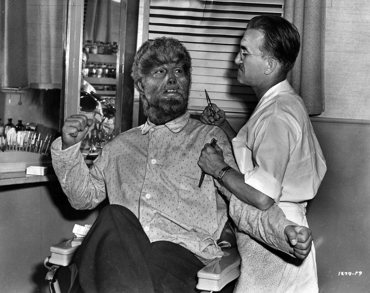 Lon Chaney Jr. & makeup artist Jack Pierce during production of "The Wolf Man" (1941)
