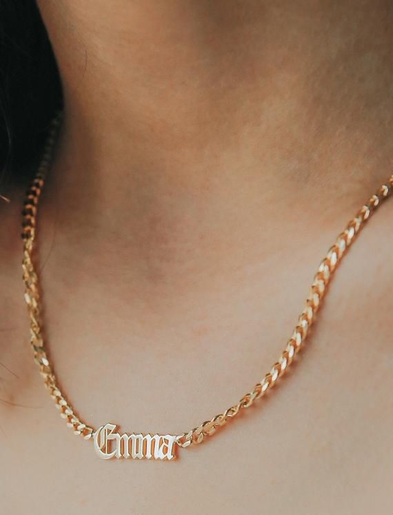 Gothic Name Curb Necklace, Gold Name Necklace, Old English Name Necklace, Name Necklace with Curb Chain, Gothic Nameplate Necklace, Custom Name Customize this necklace with any name of your choice. A gorgeous and gift for yourself and loved ones. A constant reminder gift of something special. This exclusive stunning statement piece can be worn everyday or for a special occasions. Wearing jewelry can be a way to express oneself, to complete an outfit, and to make a statement.Material: High Quali Gold Name Necklace, Nameplate Necklace, Custom Name Necklace, Necklace Price, Necklace Lengths, Neclace, Dope Jewelry, Stylish Jewelry, Elegant Jewelry