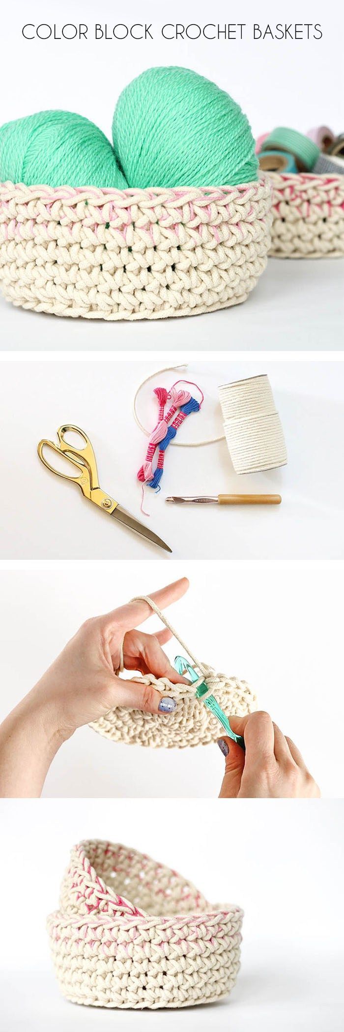 Make your own little baskets perfect for storing odds and ends. They have a pretty, subtle colorblocking effect. Free Crochet Pattern. Crochet Basket Pattern Free, Crochet Diy, Crochet Home, Knit Or Crochet, Learn To Crochet, Crochet Crafts, Crocheted Item, Crochet Stitches, Crochet Projects