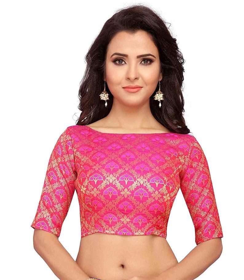 Pink Banaras Brocade Art Silk New Designer Stitched Readymade Blouse Saree Choli Top Tunic Sari Blouse For Bridal Wedding Wear Blouse