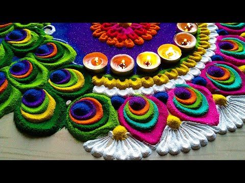 Easy and Unique Peacock rangoli designs by Jyoti - YouTube Easy Rangoli Designs Videos, Rangoli Designs Photos, Rangoli Designs Simple Diwali, Simple Rangoli Border Designs, Rangoli Ideas, Free Hand Rangoli Design, Colorful Rangoli Designs, Mehndi Designs For Beginners, Beautiful Rangoli Designs