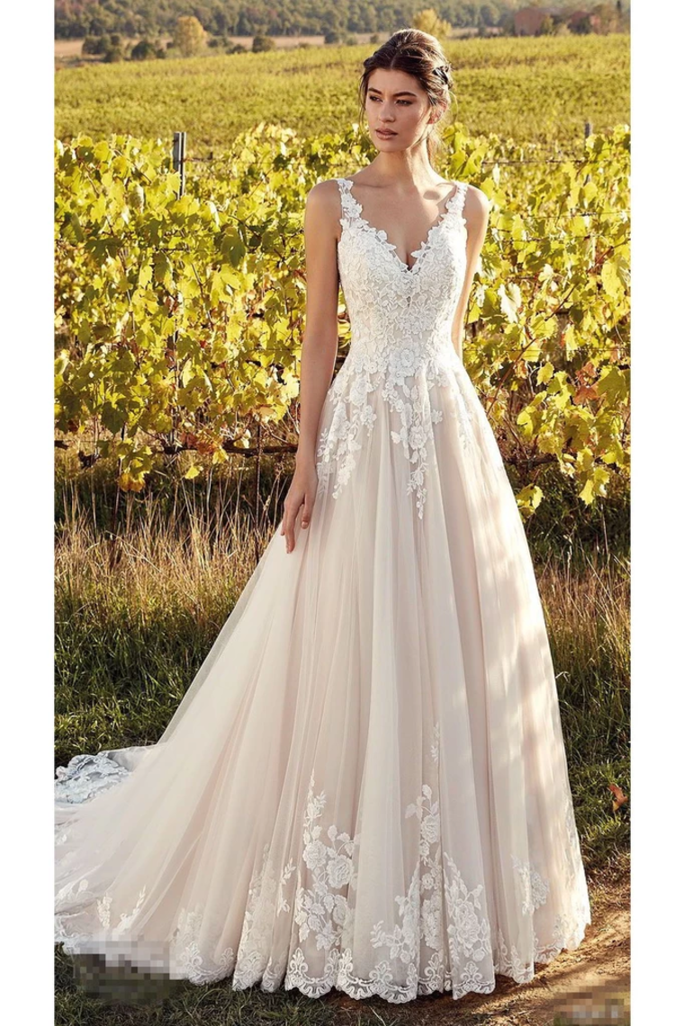 Elegante ärmellose V-Ausschnitt Tüll Brautkleider mit Spitzenapplikationen, eine Linie Braut Elegante ärmellose V-Ausschnitt Tüll Brautkleider mit Spitzenapplikationen, eine Linie Braut
