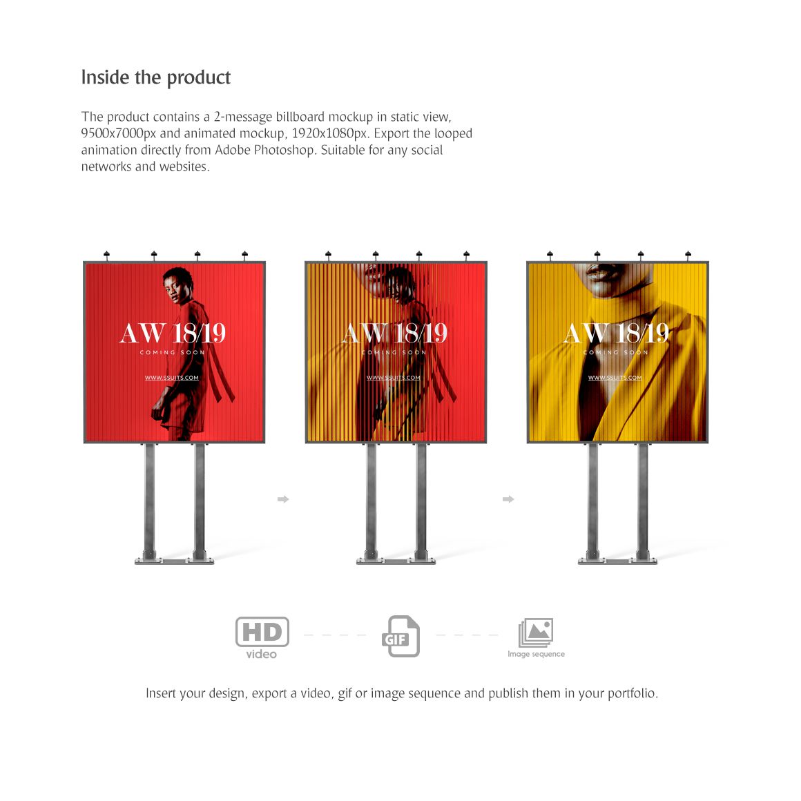 Billboard Animated Mockup. Present your design on this mockup. Includes special layers and smart objects for your creative works. Tags: ad, advert, advertising, animated, baner, banner, bill board, billboard, business, canvas, cityboard, commercial, display, free, freebie, looped, marketing, mockup, mokcup, outside, panel, poster, road, screen, signage, signboard, signpost, street, switch, video. #mockup #psdmockup #brandmockup #yellowimages Billboard Mockup, Billboard Design, Hd Gif, Outdoor Advertising Mockup, Image Sequence, Animation Types, Mockup Psd, Video Mockup, Creative Words
