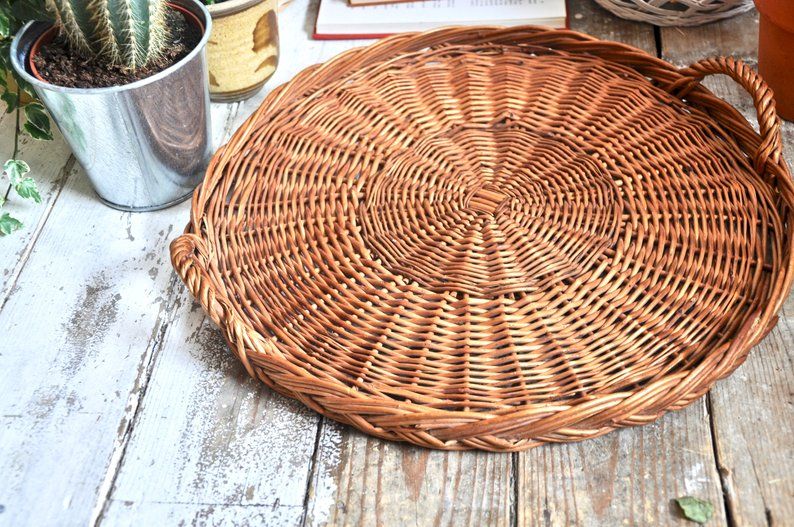 Vintage round woven wicker serving tray with handles