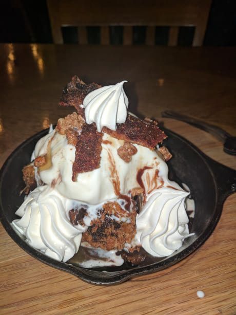 deep fried brownie with bacon ice cream and pecans food and 9gag food