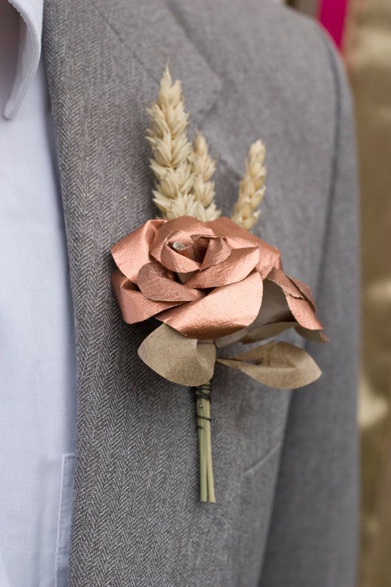 Copper and Wheat Paper Buttonhole, Rustic Wedding Boutonniere, Mens Wedding Accessories, Metallic Rose Gold Paper Flowers, Wedding Decor