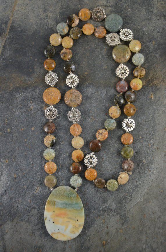 Hand Knotted African Opal Jasper Necklace 29 12 Inches