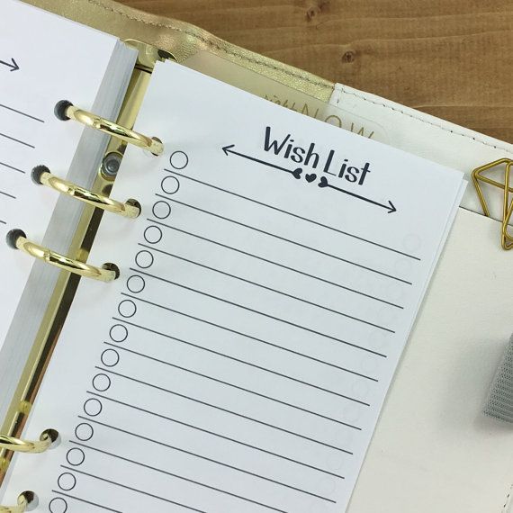 Personal Wish List printed planner insert - checklist - lined paper