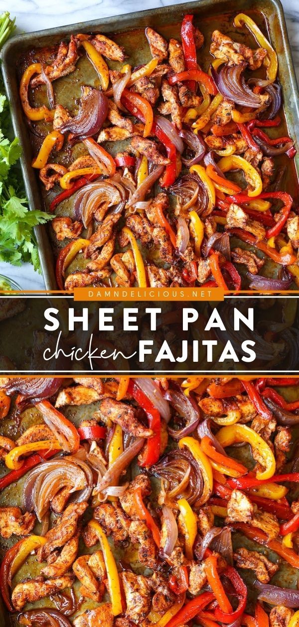 SHEET PAN CHICKEN FAJITAS Easy Chicken Fajitas, Chicken Fahitas, Easy Chicken Fajita Recipe, Mexican Chicken Fajitas, Quick Easy Chicken Recipes, Easy Fajita Chicken Bake Recipe, Baked Fajitas, Easy Fajitas, Mexican Food Recipes Authentic
