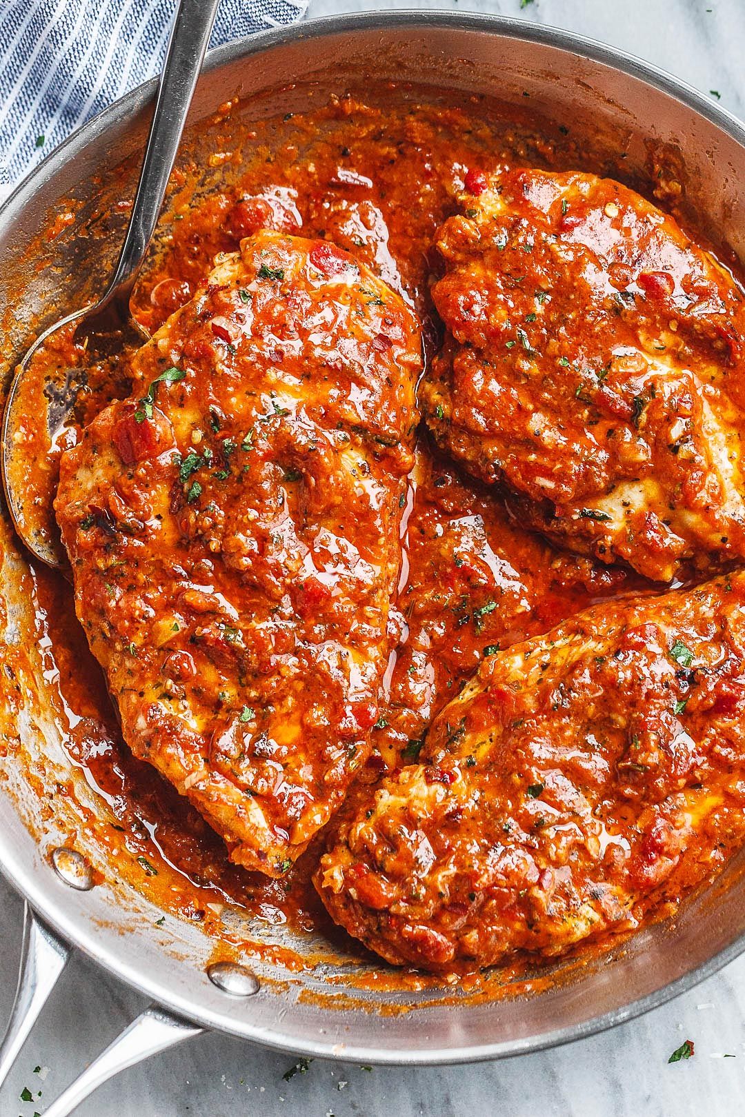 Skillet Chicken in Roasted Pepper Butter Parmesan Sauce
