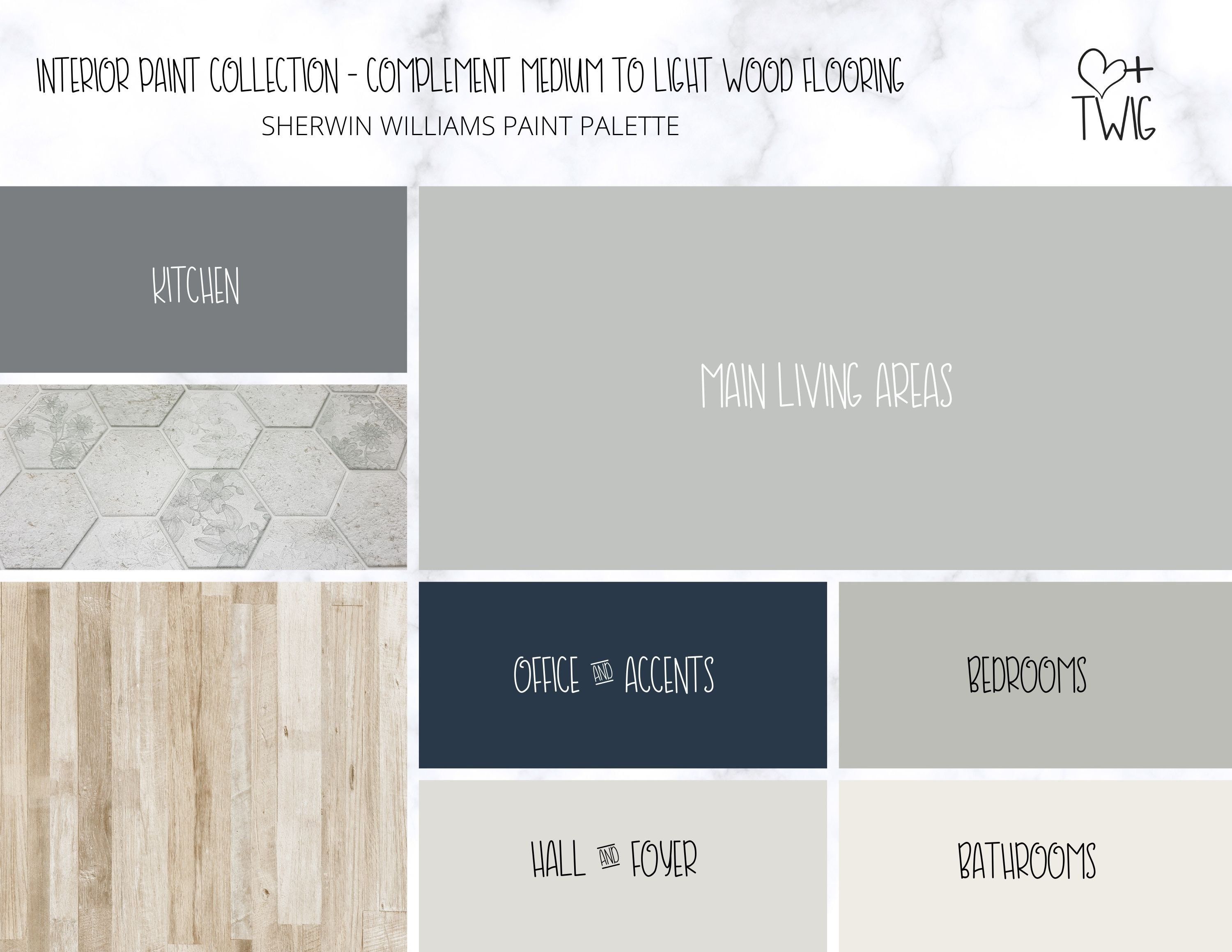 Paint can be the catalyst taking a room from just pretty, to absolutely stunning! We've all been there before, when you pick ut your colors, take them home, and there is something lackluster about how they go together. Now you can remove the guess work by using my specially curated interior paint palette and finally achieve the look you've been going for. So now, your home will have a true designer feel at a fraction of the cost! If you've been thinking of updating your home to complement medium House Color Palettes, Paint Color Palettes, House Color Schemes, Interior Paint Color Palette, Office Color Palette, Modern Farmhouse Paint Colors, Coastal Farmhouse Color Palette, Light Wood Floors, Hardwood Floors