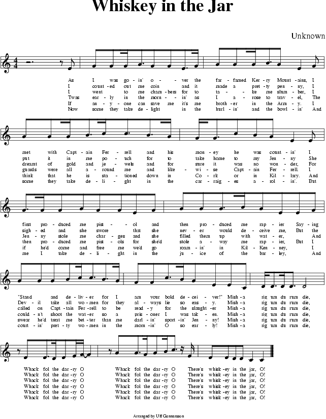 whiskey in the jar sheet music