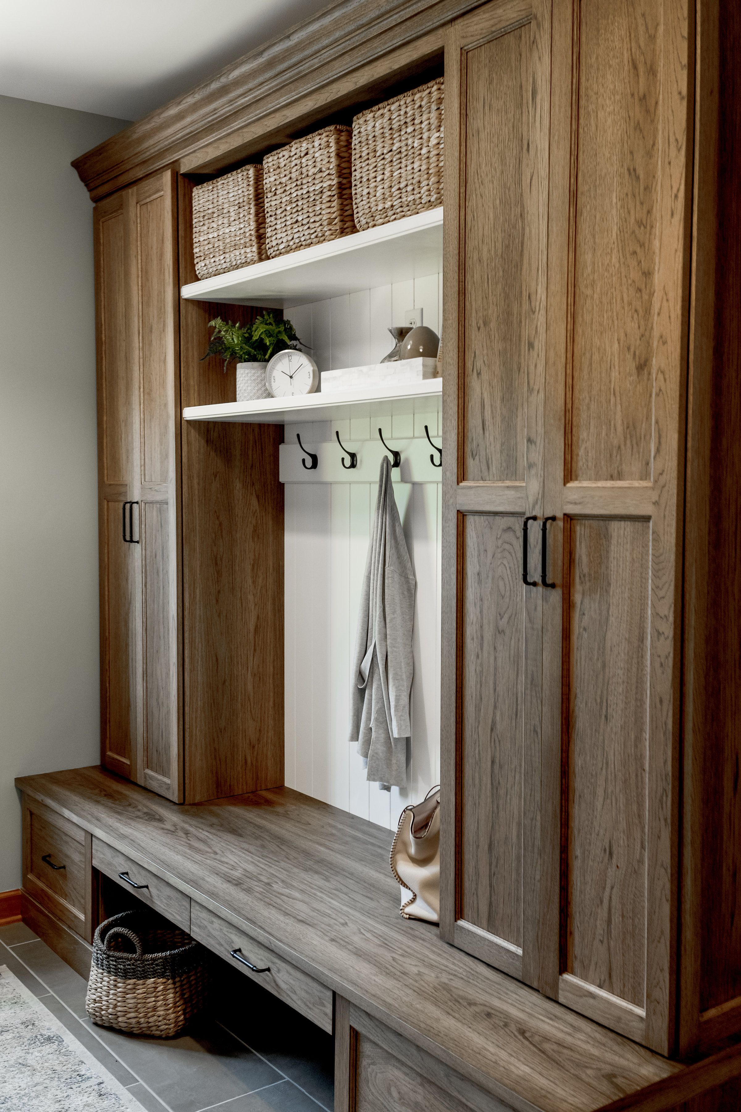 Merrill Project: Custom wood locker and cabinet system in mudroom Wood Lockers, Mudroom Lockers, Mudroom Laundry Room, Mudroom Decor, Mudroom Entryway, Laundry Room Design, Mudroom Cabinets, Mudroom Storage Ideas, Clever Storage Ideas
