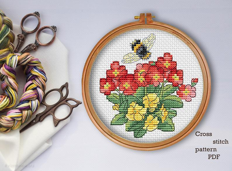 Beautiful Flowers cross stitch pattern pdf embroidery design modern cross stitch chart Bumblebee Bee cross stitch