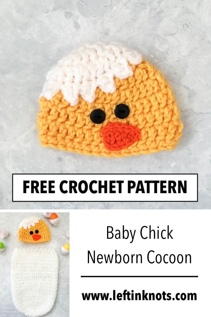 Use this free crochet pattern to make a baby chick photo prop cocoon perfect for spring or Easter babies! Bulky yarn means that this project works up quickly. #crochet #springbaby #crochetpattern #photoprop #freecrochetpattern Crochet Baby Projects, Newborn Crochet Photo Props, Crochet Baby Mittens, Crochet Baby Photo Prop, Crochet Newborn Hat, Crochet Bebe, Crochet Pillow, Crochet Ideas, Knit Baby Booties Pattern Free