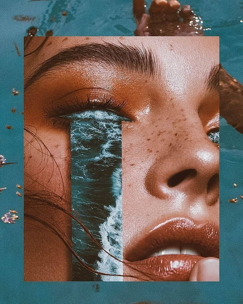 I am inspired by this because of the tears coming from the persons eyes being the ocean/ waves. I also like how it is over a picture of someone in a pond/pool. Art Du Collage, Love Collage, Collage Artists, Photo Wall Collage, Nature Collage, Collage Pictures, Collage Background, Artsy Pictures, Blue Pictures