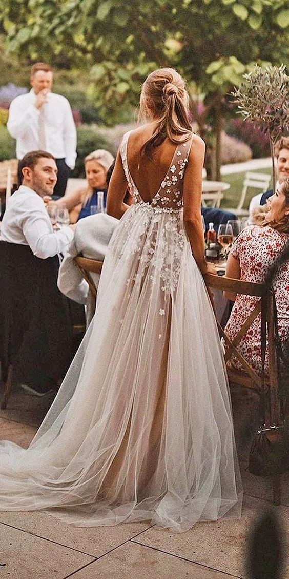 Informal Sexy Deep V-neck Tulle Wedding Dress #bohoweddingdress